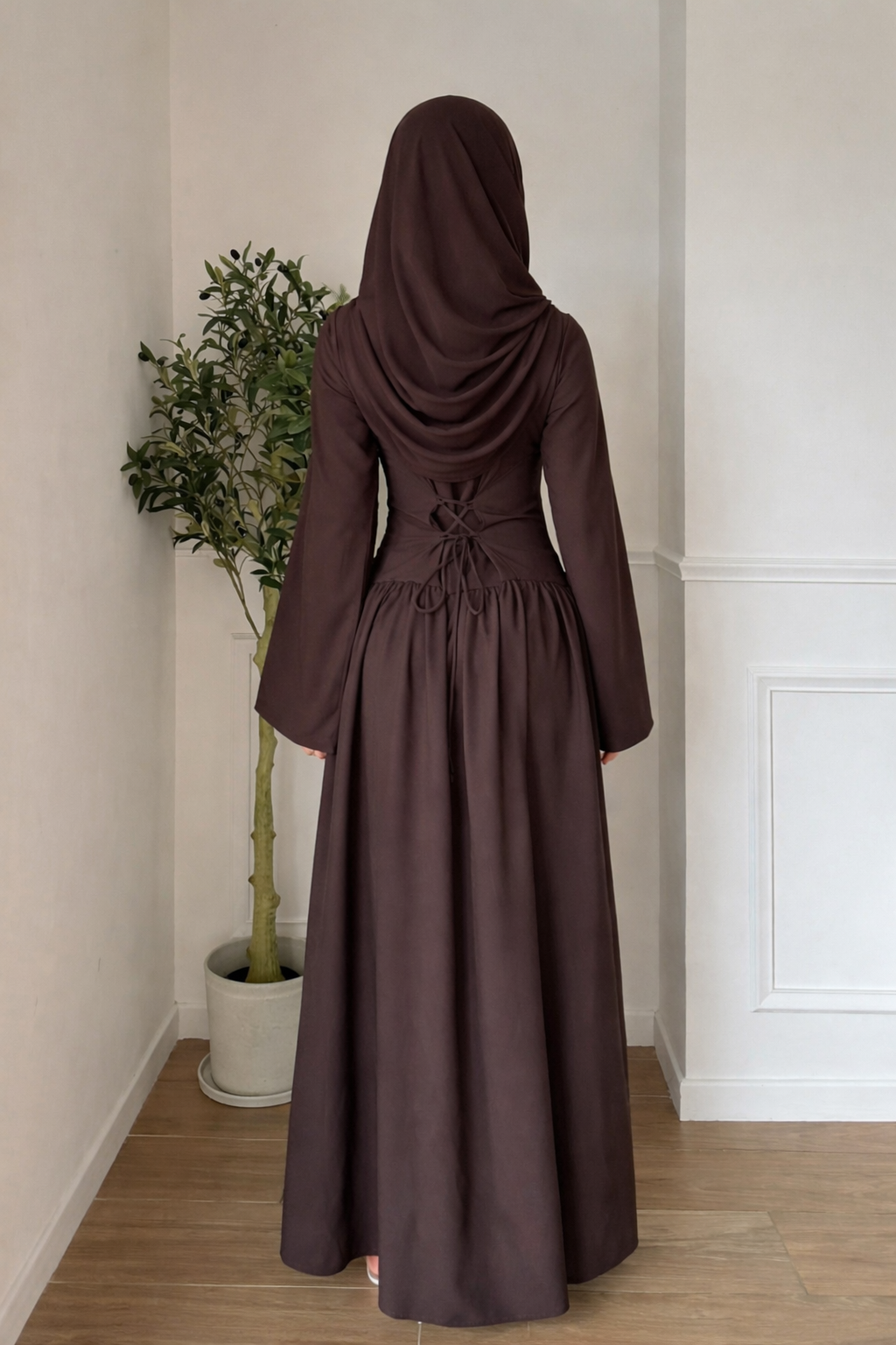Robe longue boutonnée taille ajustée - Marron