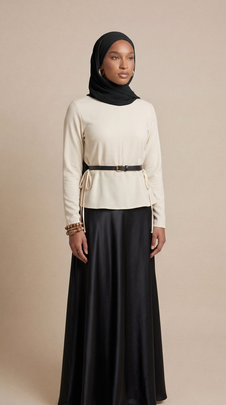 Jupe satinée avec ceinture - Noire