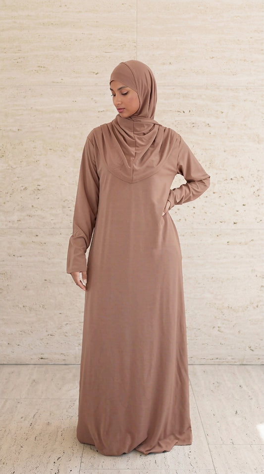 Robe prière hijab intégré jersey - Moka