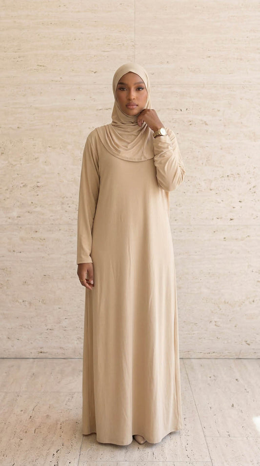 Robe prière hijab intégré jersey - Beige desert