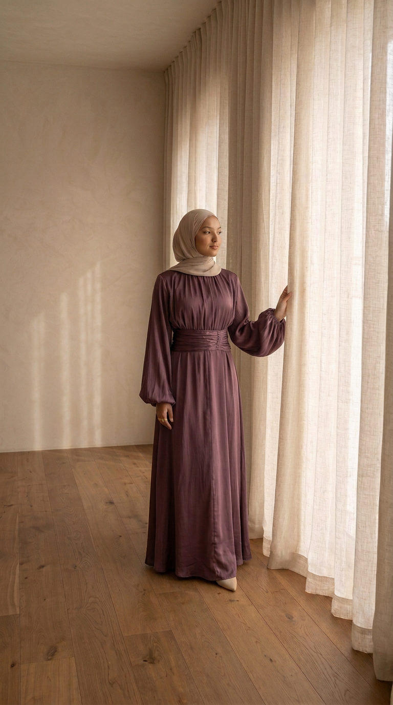 Robe longue satinée taille froncée –  Aubergine
