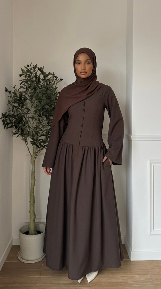 Robe longue boutonnée taille ajustée - Marron