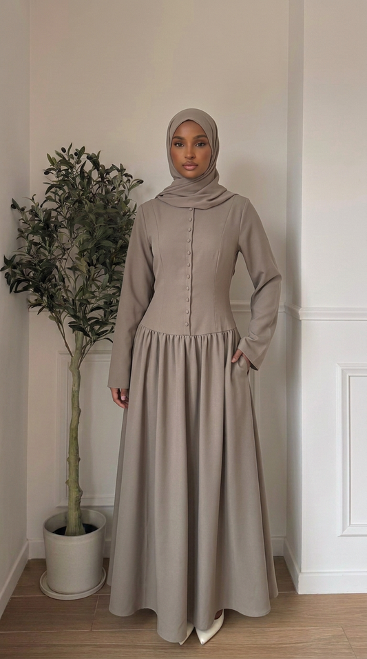 Robe longue boutonnée taille ajustée - Taupe