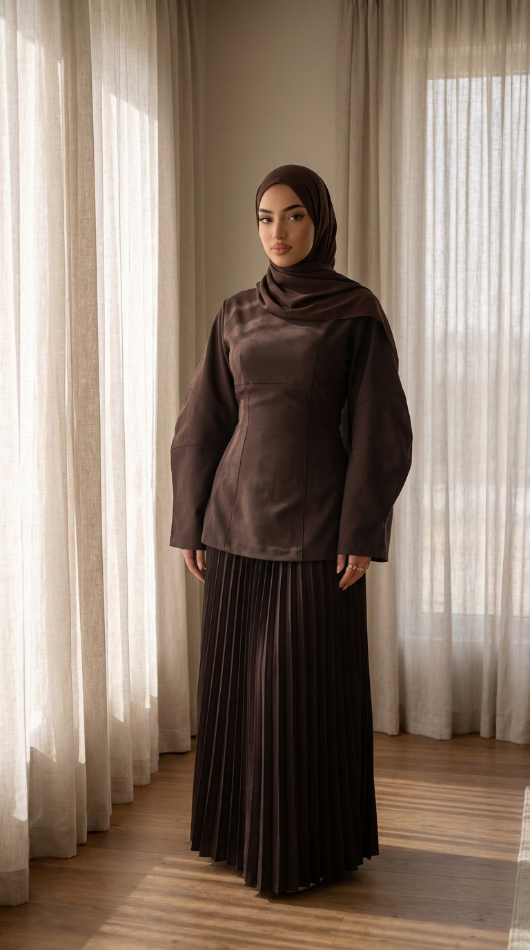 Ensemble jupe plissée et haut structuré - Coffee